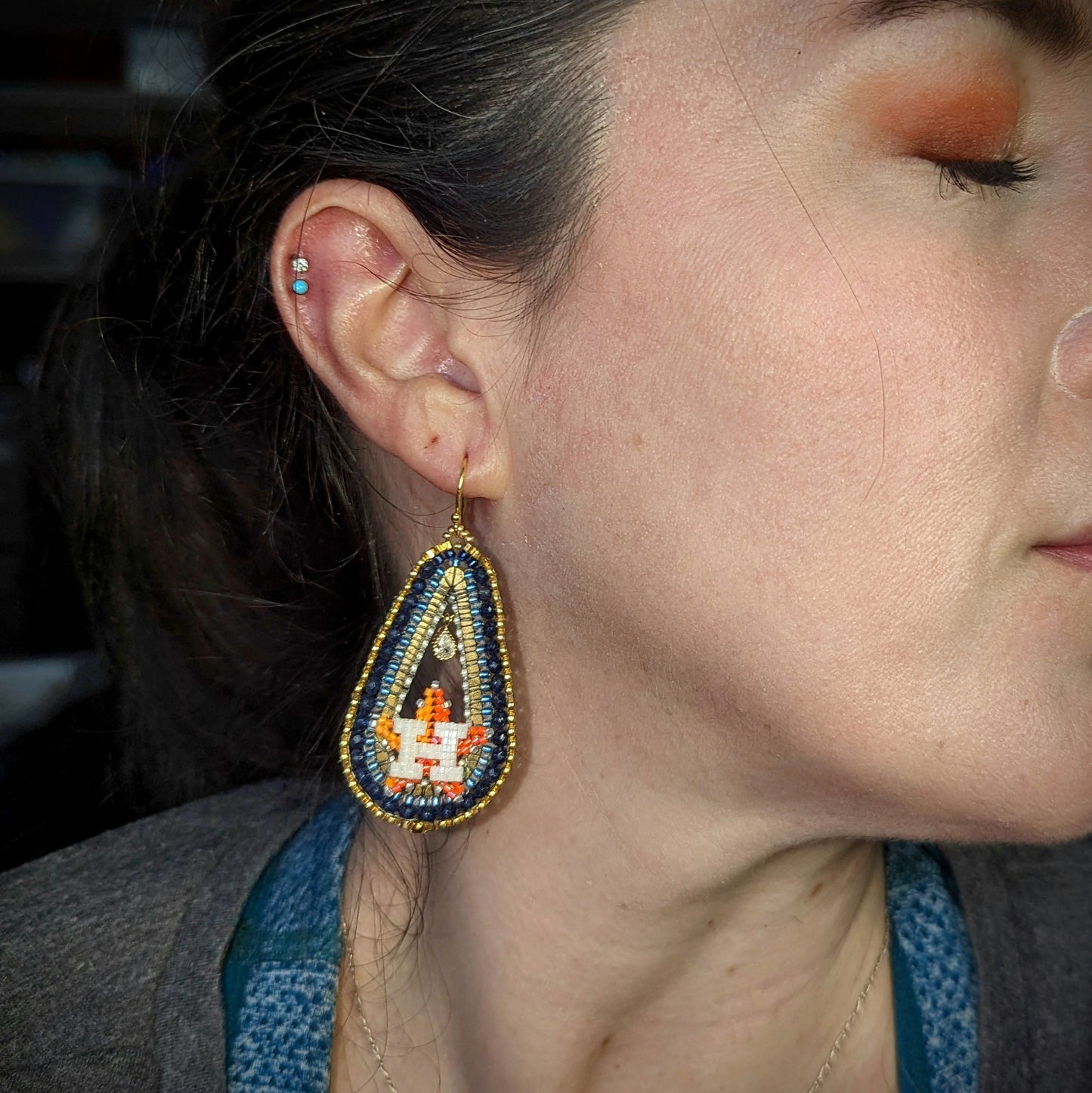 Elongated midnight blue and aqua Drop Earrings with cubic zirconia mini drop