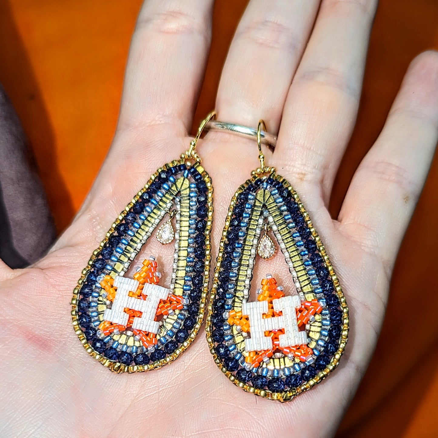 Elongated midnight blue and aqua Drop Earrings with cubic zirconia mini drop