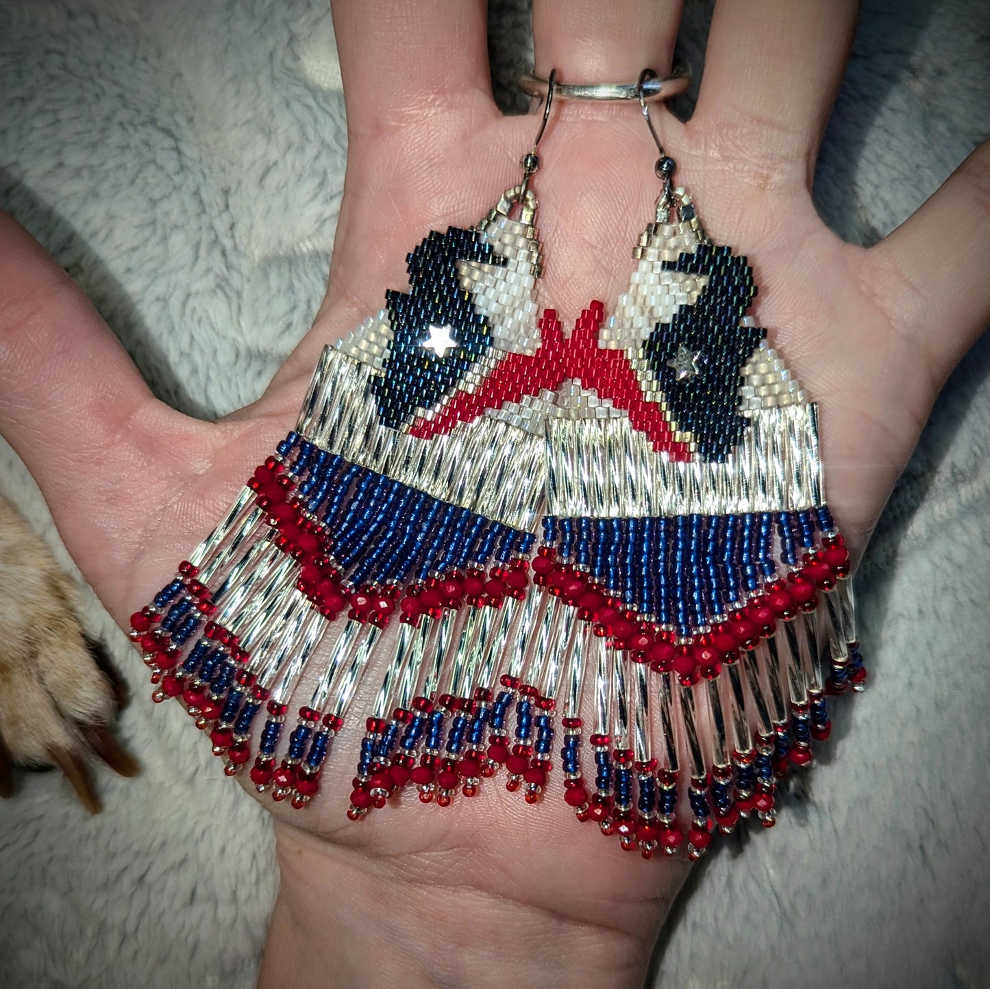 Texas extra long fringe earrings! Hand beaded backing and one of a kind on sterling silver hooks