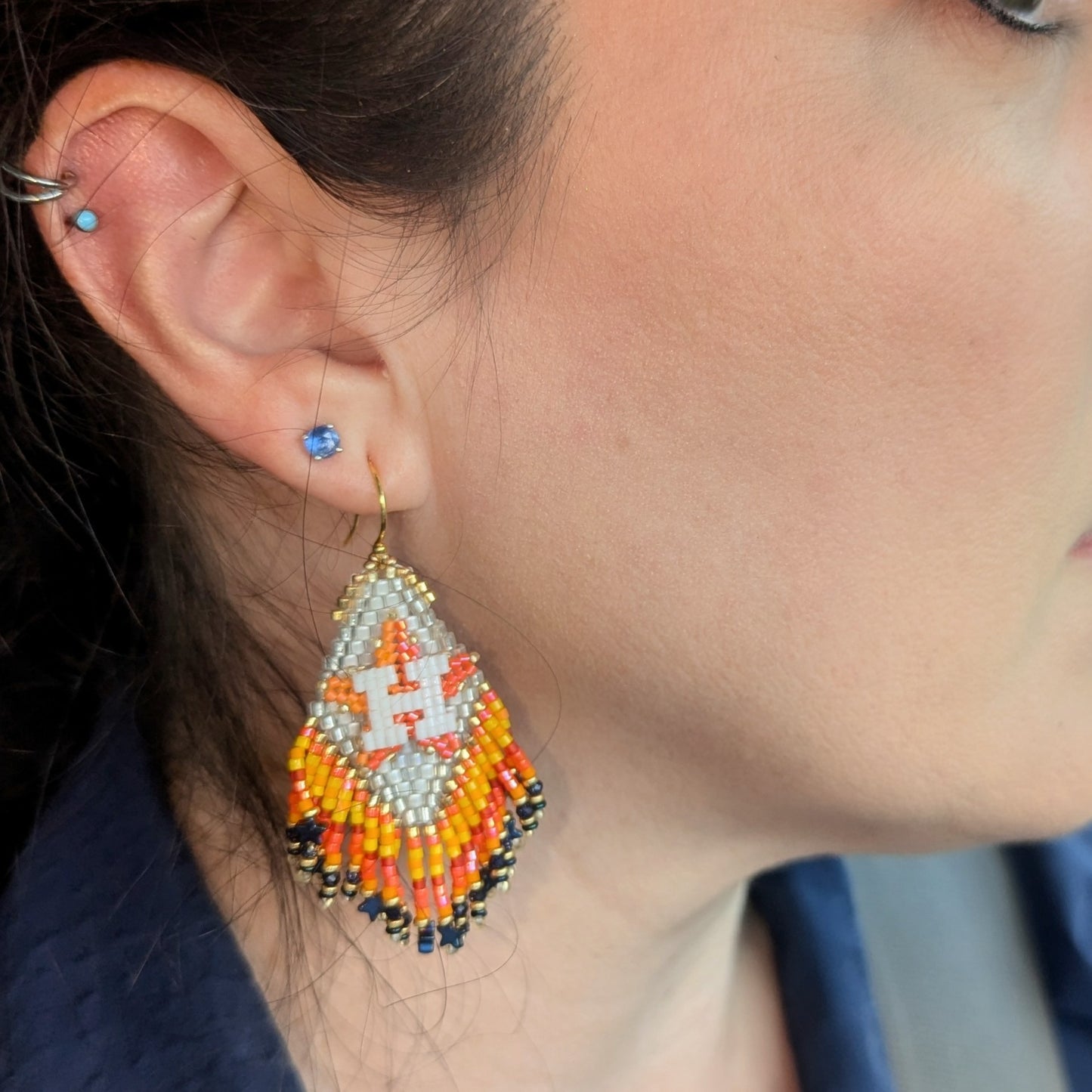 Houston Star beaded backing, diamond fringe earrings with hematite stars on gold plated sterling silver hooks