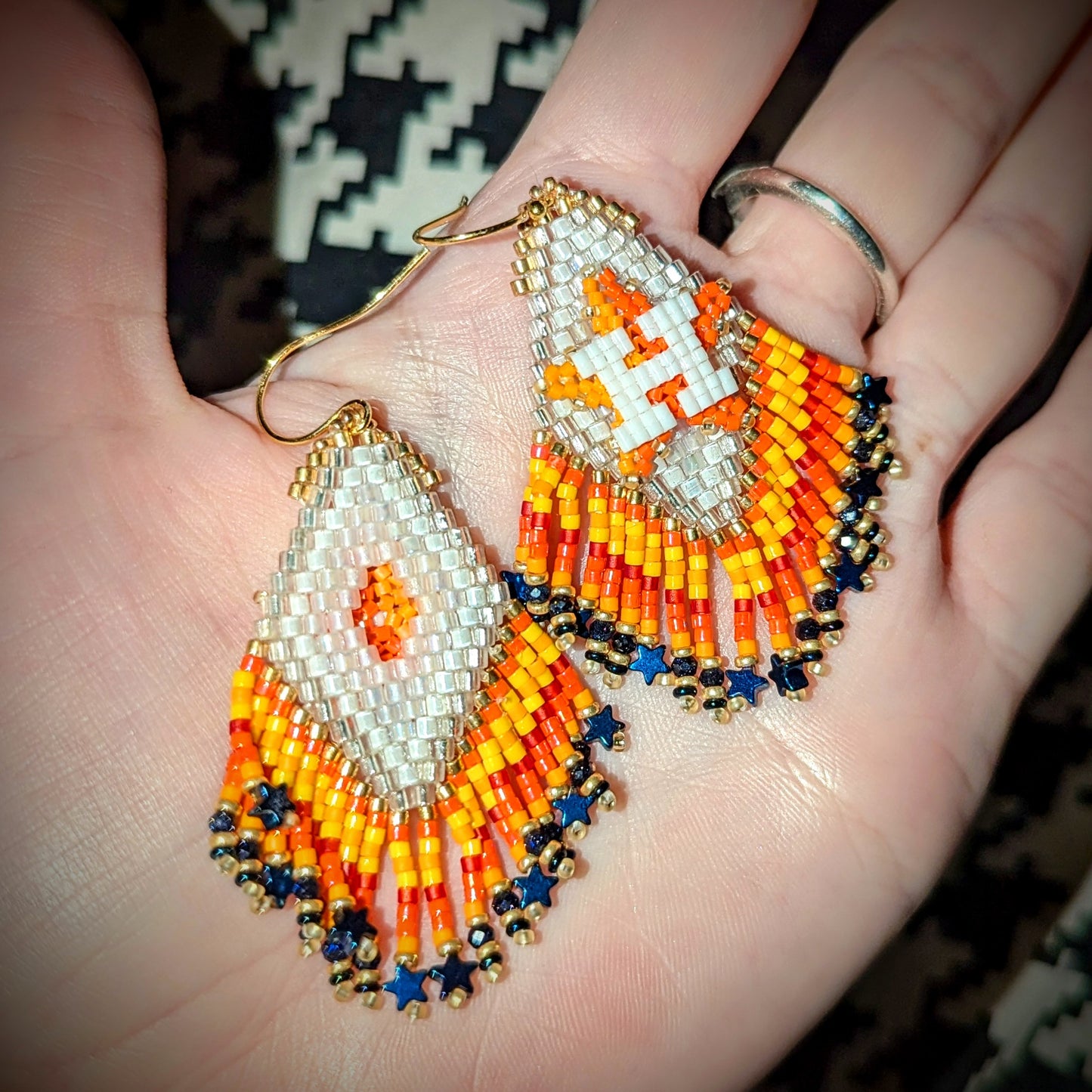 Houston Star beaded backing, diamond fringe earrings with hematite stars on gold plated sterling silver hooks