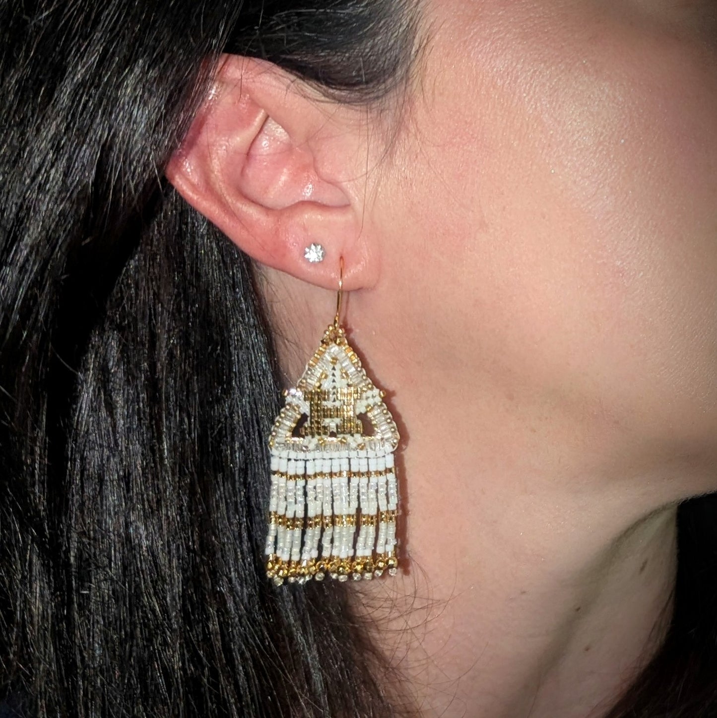 White and Gold Houston Star fringe, gold plated sterling silver hooks