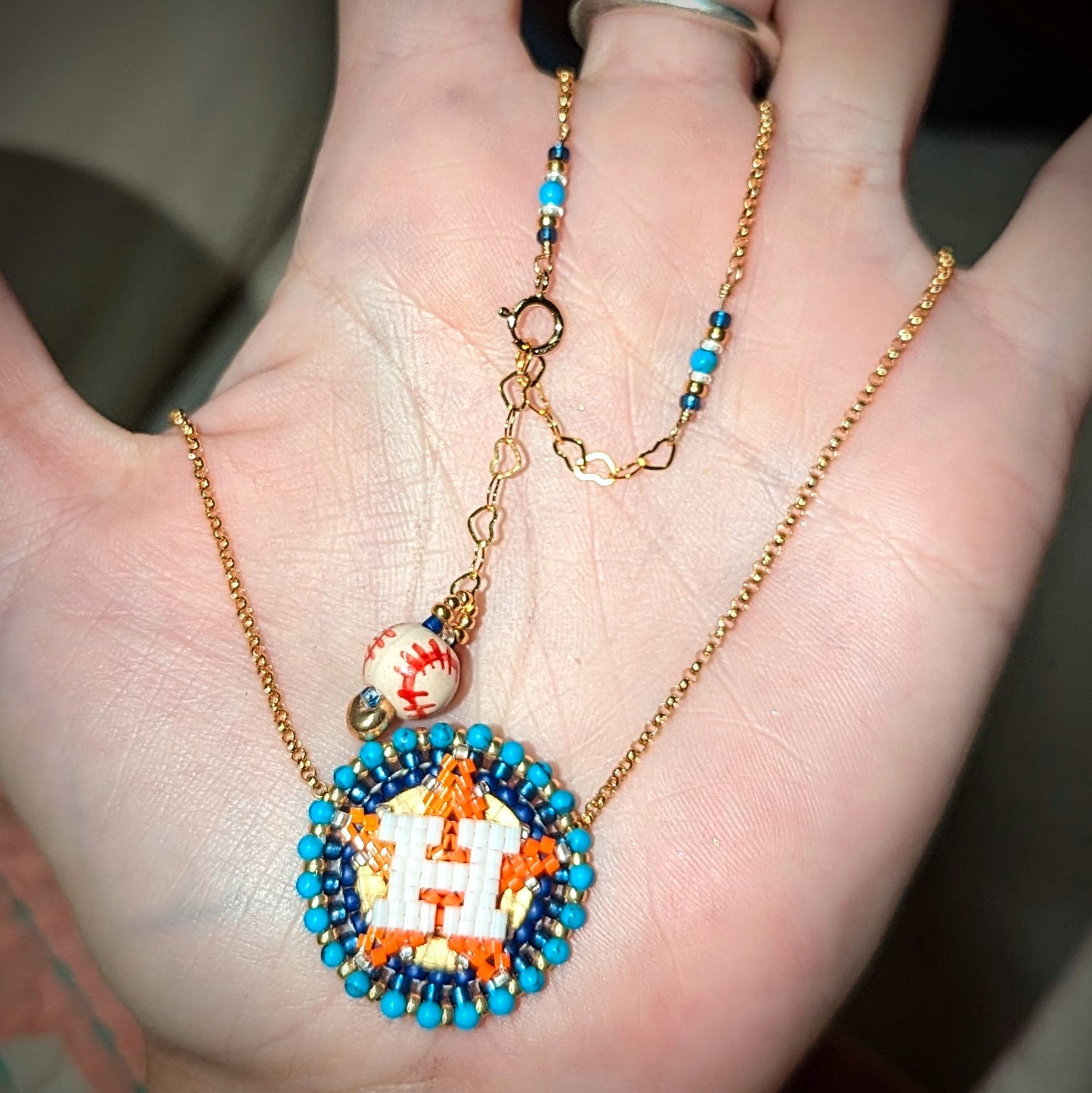 Houston Star on 14kt gold filled rollo chain w/ round beaded frame, sleeping beauty turquoise adjustable 15.5-17.5 inches