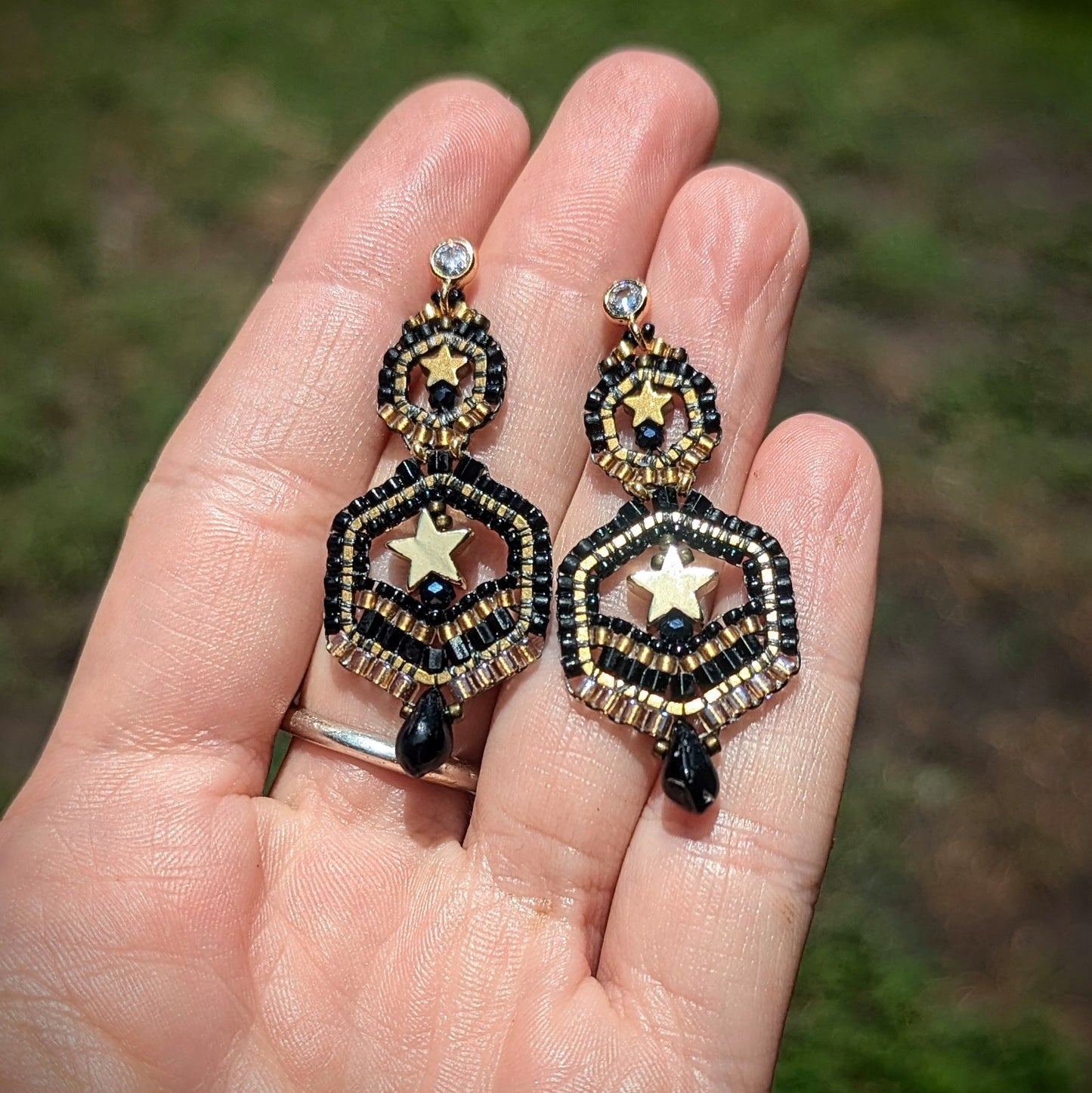 Teny tiny black and gold drops, on gold plated sterling silver cz studs