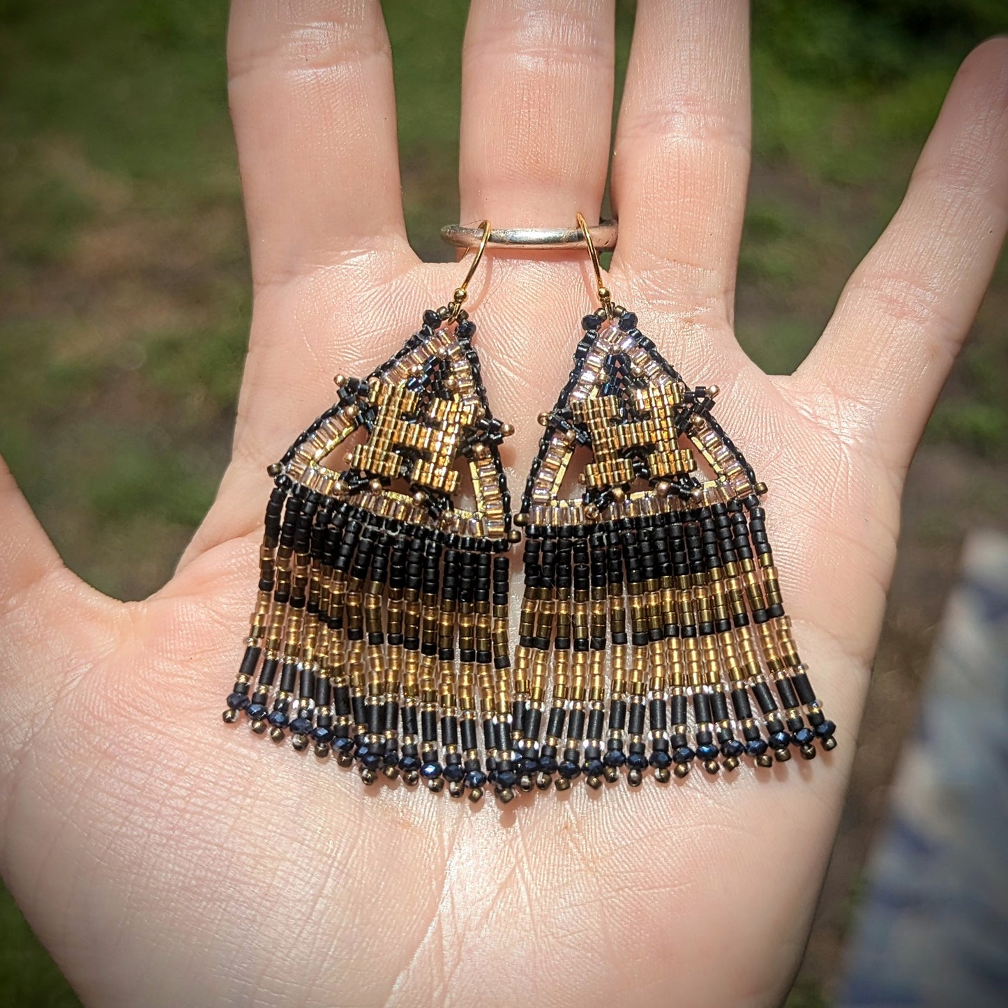 Black and Gold Houston Star fringe, gold plated sterling silver hooks