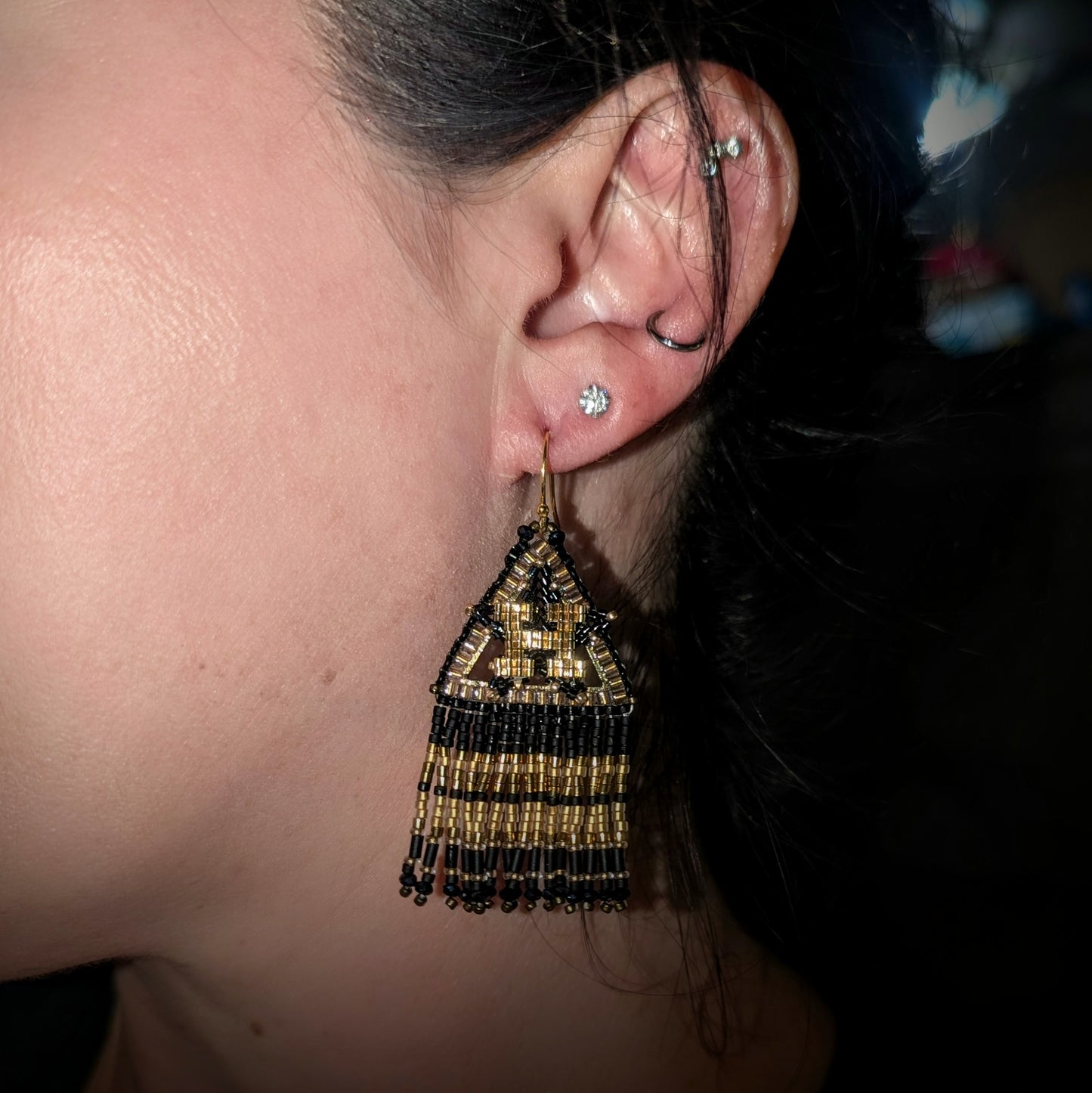 Black and Gold Houston Star fringe, gold plated sterling silver hooks