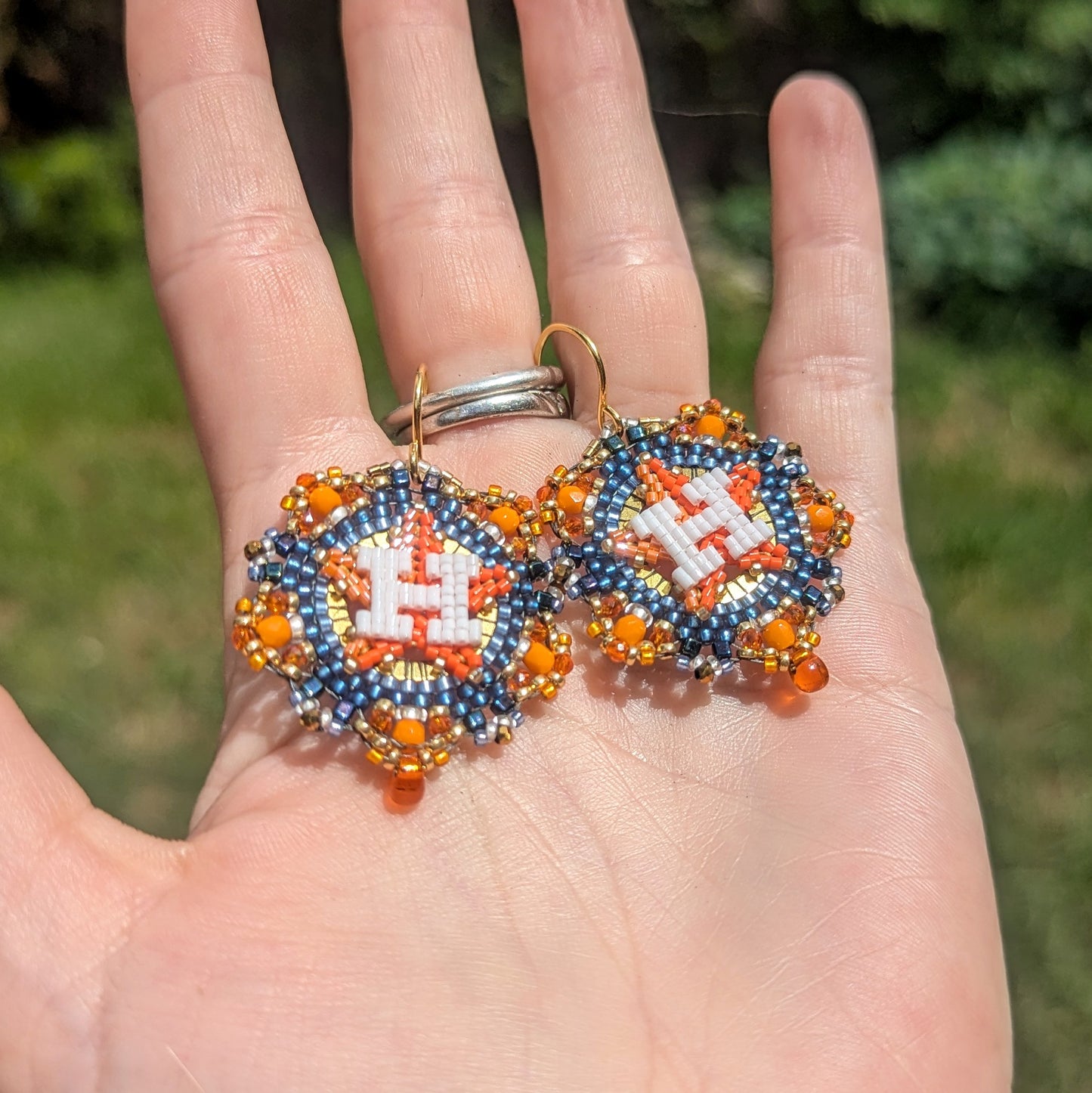 Round Houston Star Earrings - Blue and Orange cz crystals, gold plated sterling silver hooks