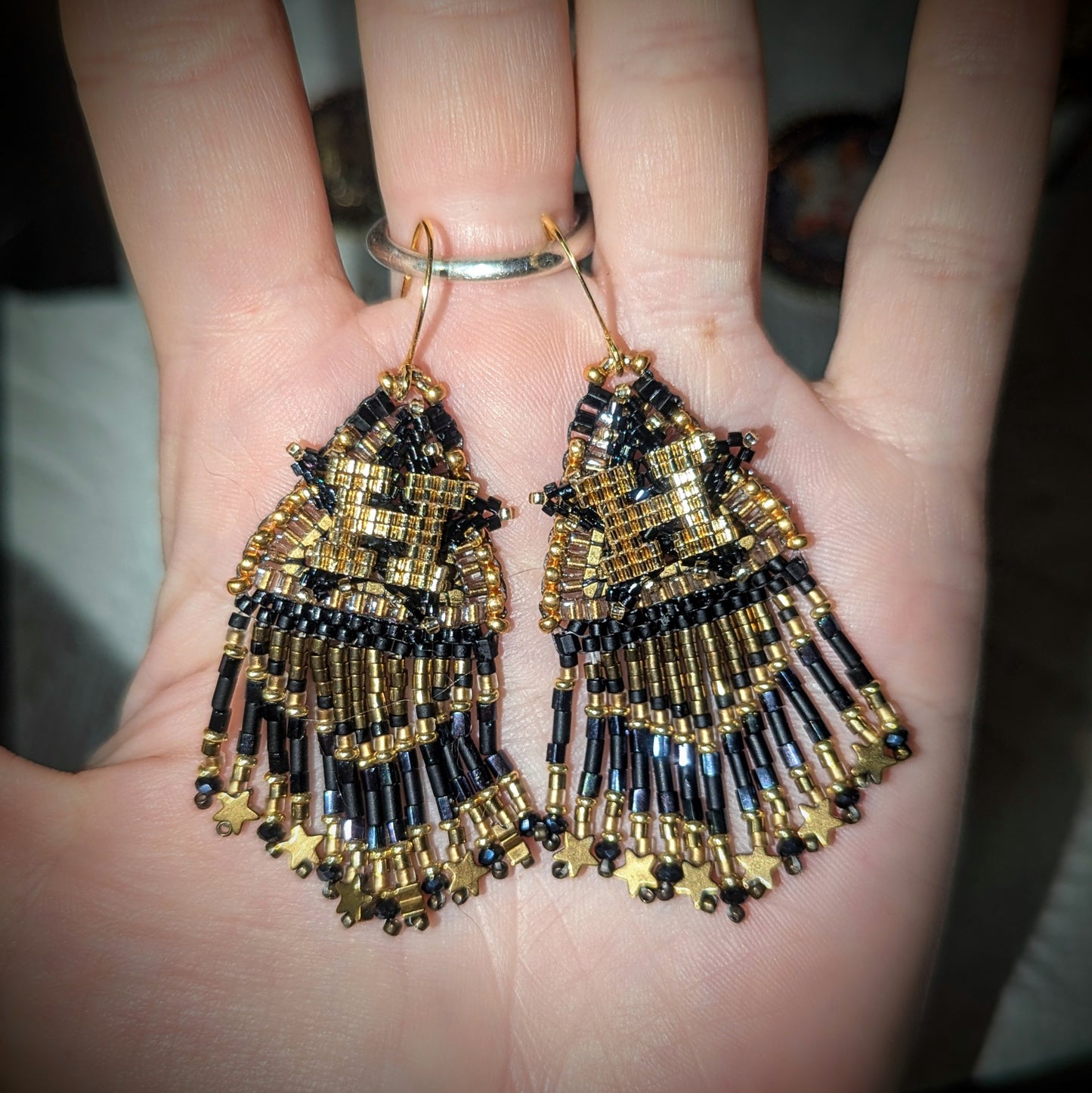 Black and Gold Houston Star fringe, gold plated sterling silver hooks