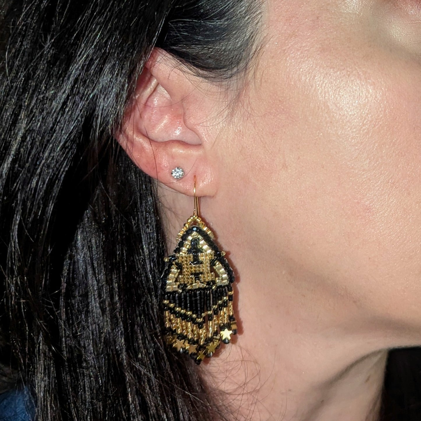 Black and Gold Houston Star fringe, gold plated sterling silver hooks