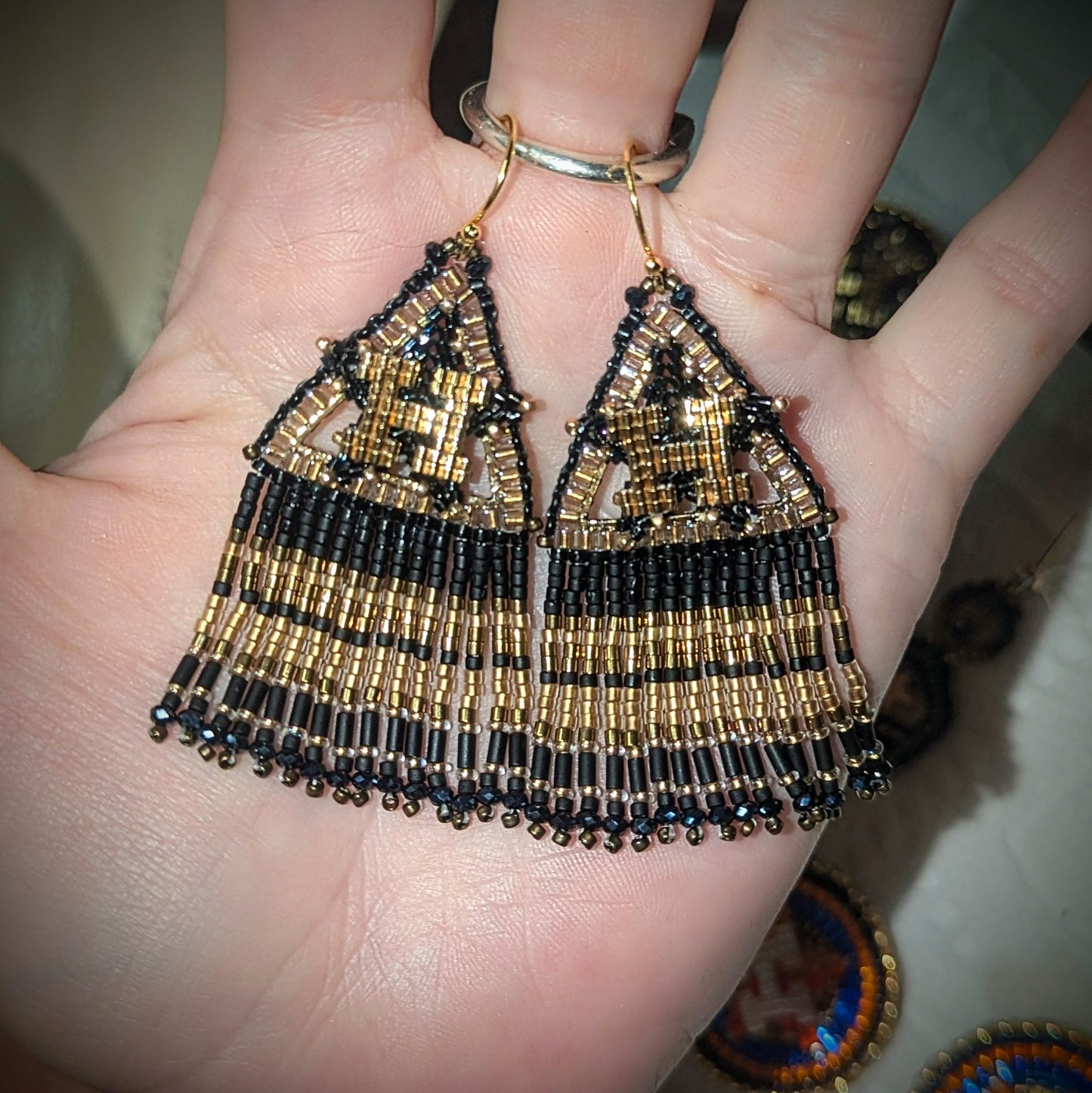 Black and Gold Houston Star fringe, gold plated sterling silver hooks