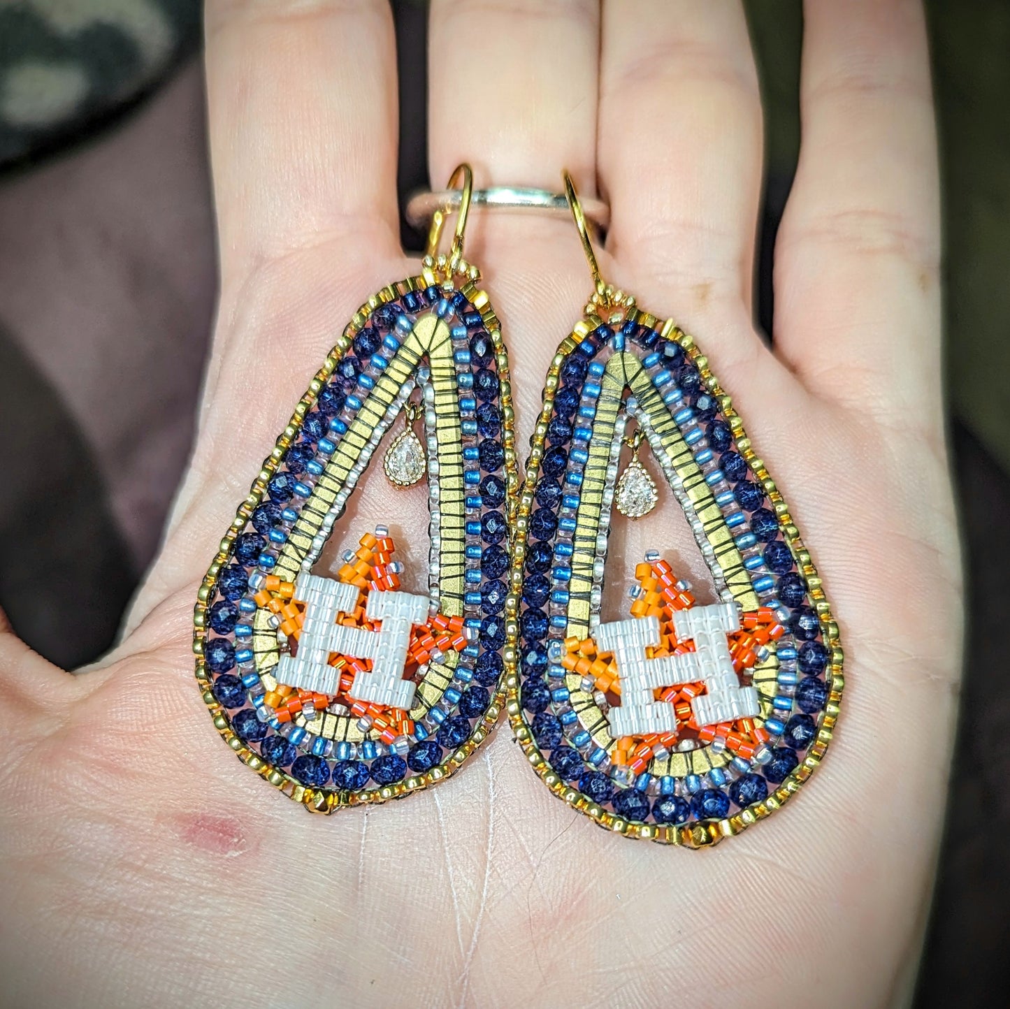 Elongated midnight blue and aqua Drop Earrings with cubic zirconia mini drop