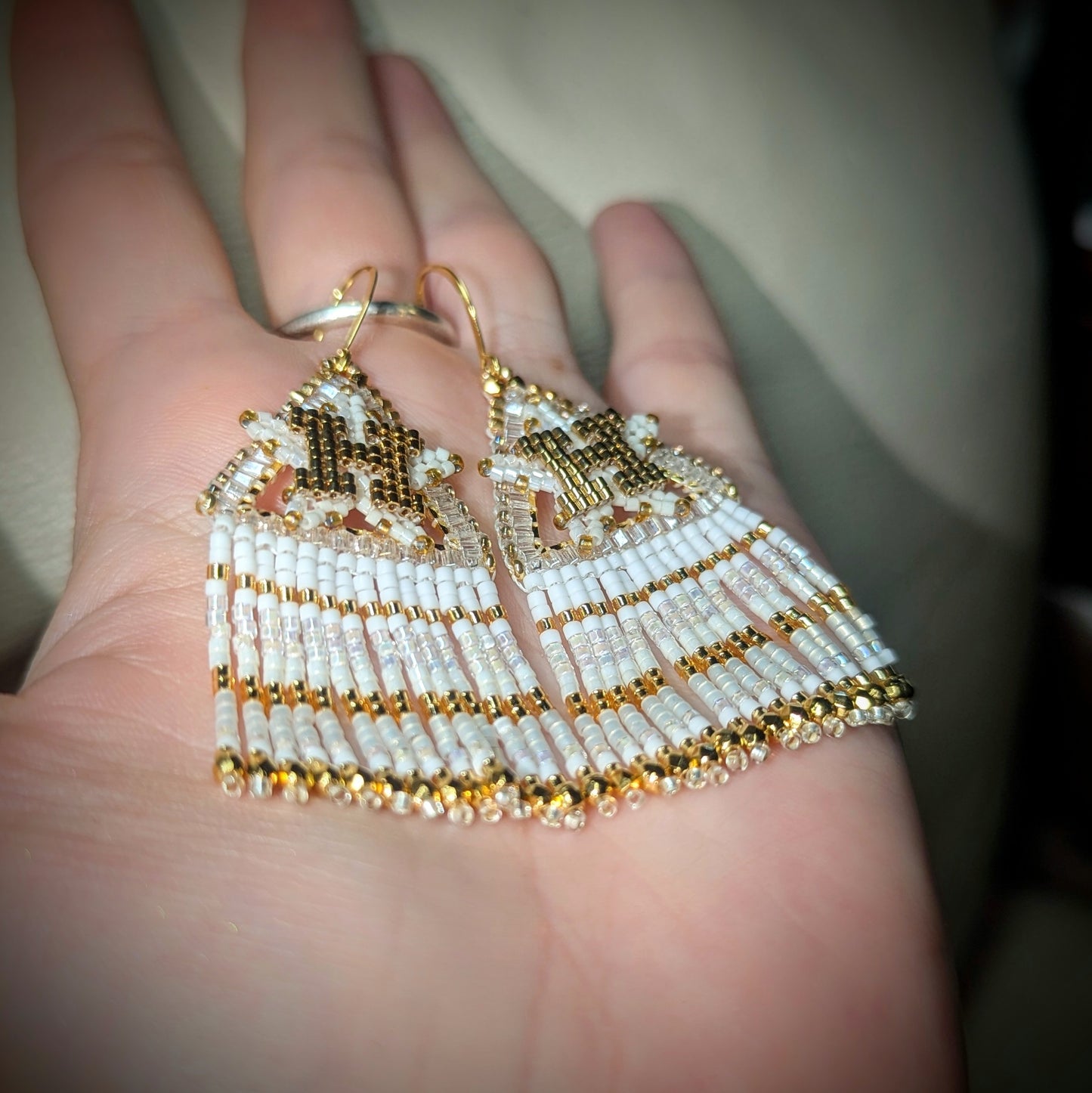 White and Gold Houston Star fringe, gold plated sterling silver hooks
