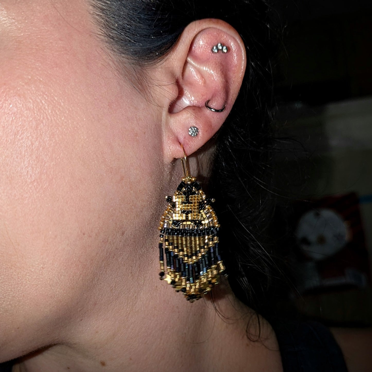 Black and Gold Houston Star fringe, gold plated sterling silver hooks