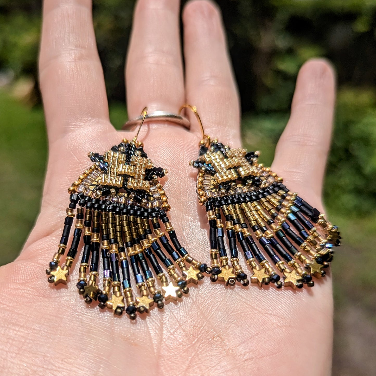 Black and Gold Houston Star fringe, gold plated sterling silver hooks