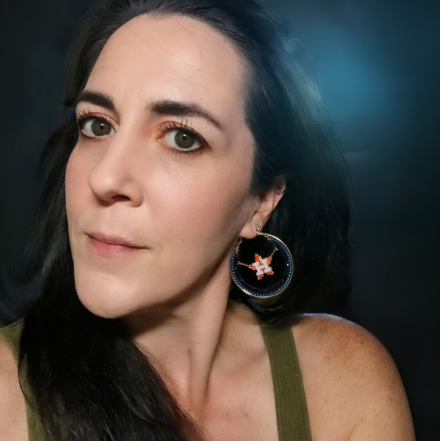 Large (50mm) Houston Swinging Star Gold Hoops - Light & Dark Blue