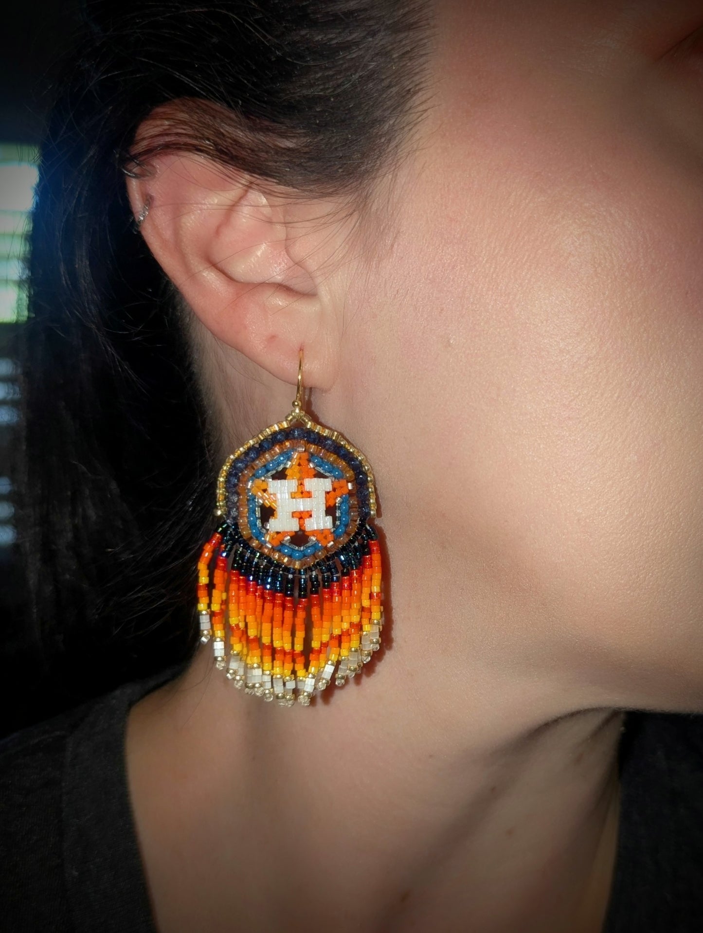 Houston Star, large brass and gold hexagon fringe earrings