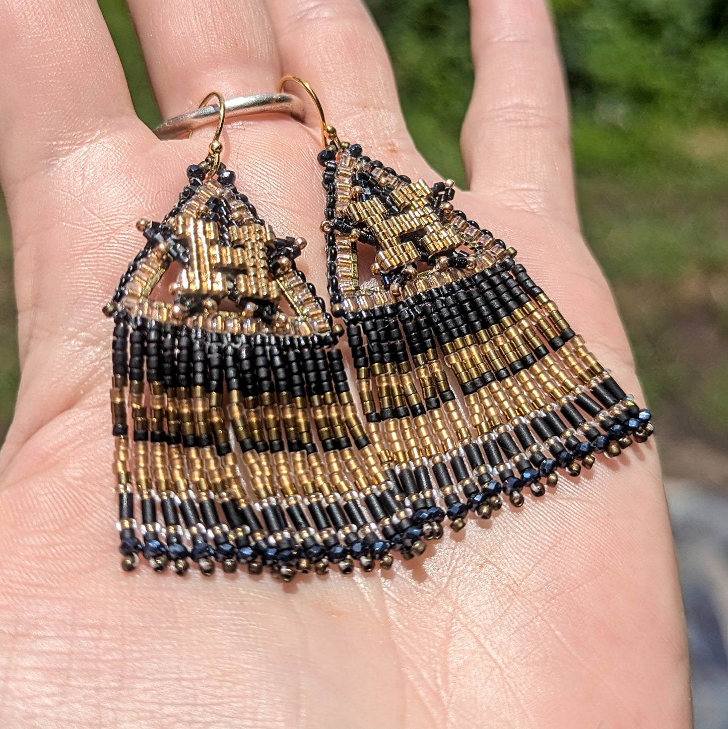 Black and Gold Houston Star fringe, gold plated sterling silver hooks