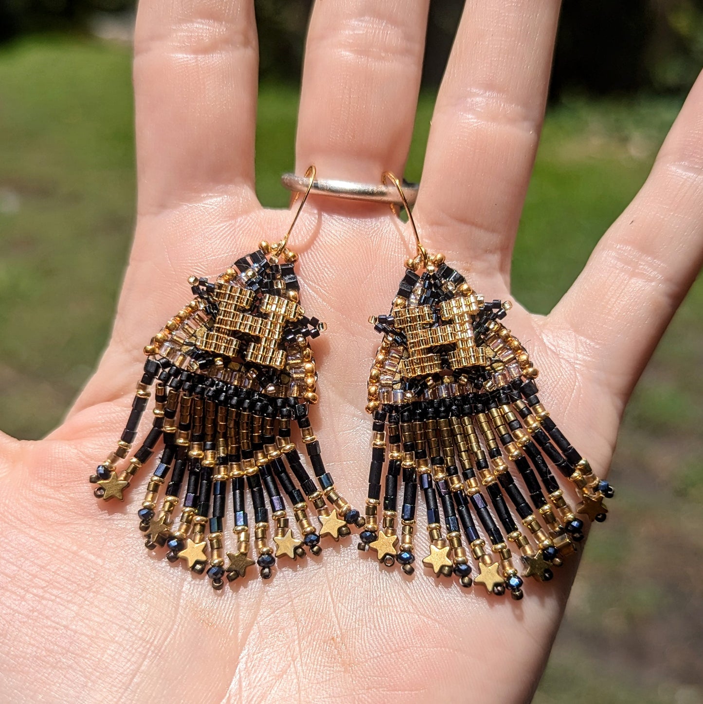 Black and Gold Houston Star fringe, gold plated sterling silver hooks