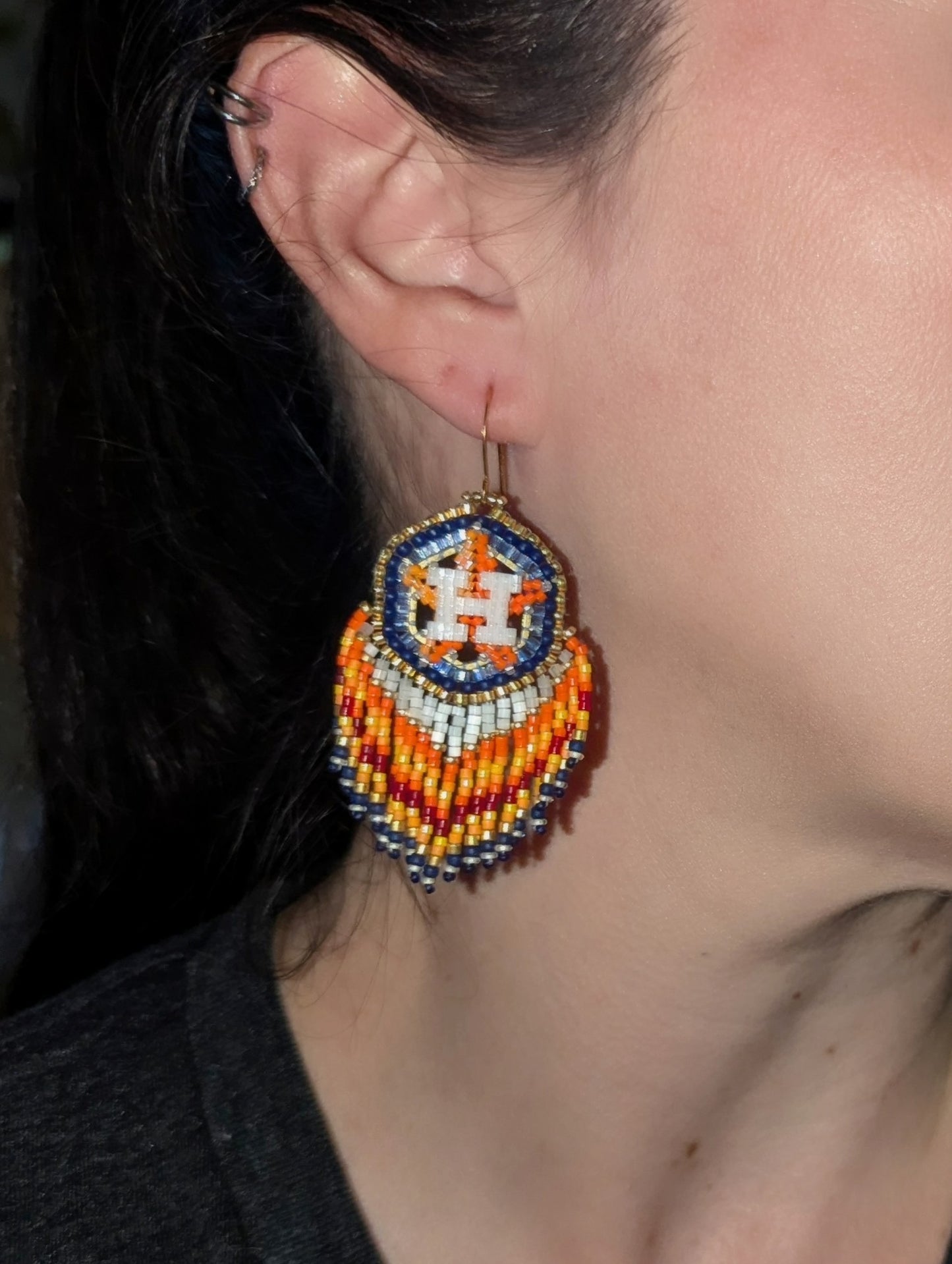 Houston Star, brass and gold hexagon fringe earrings