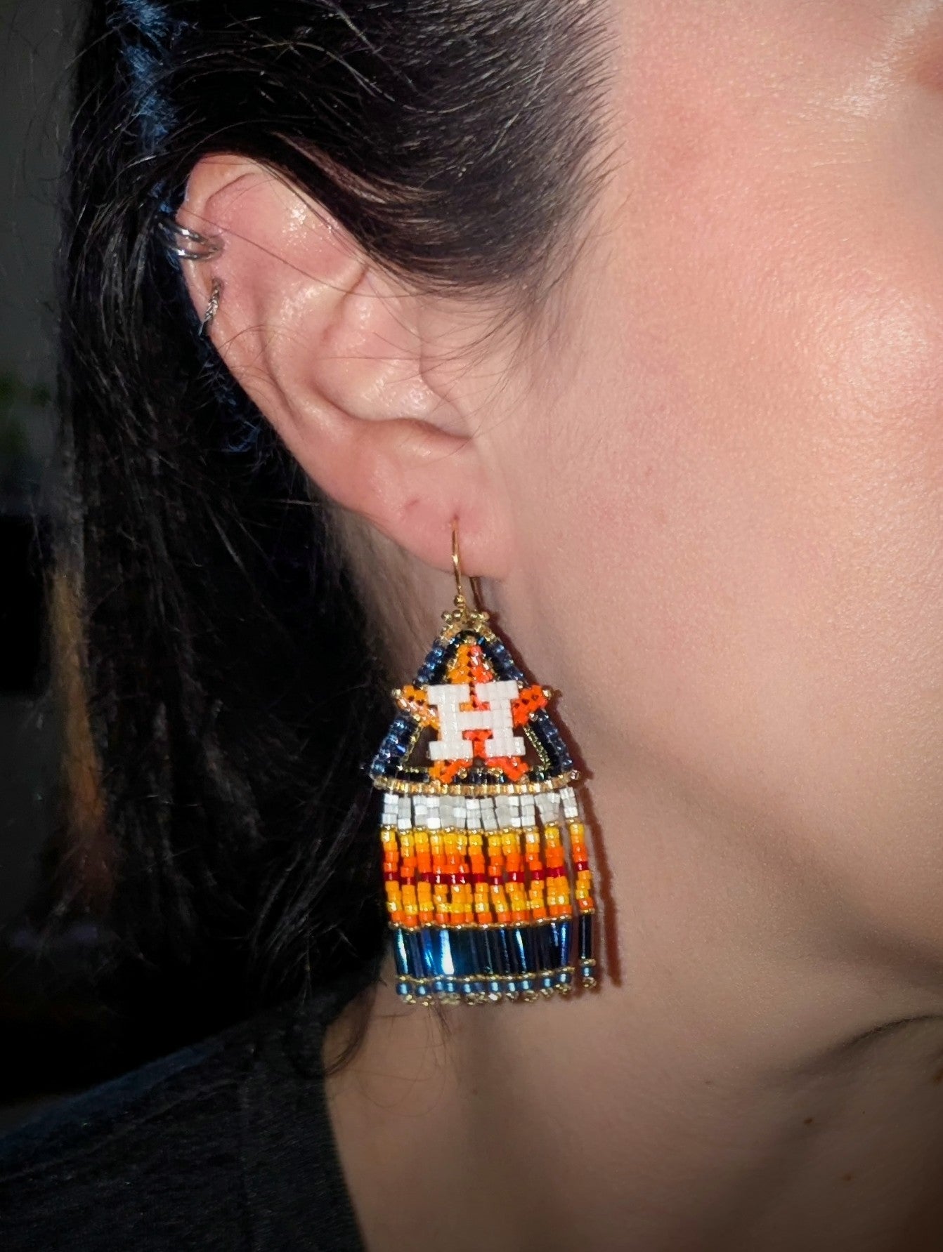 Houston star Medium straight fringe with dark Blue bugle ends