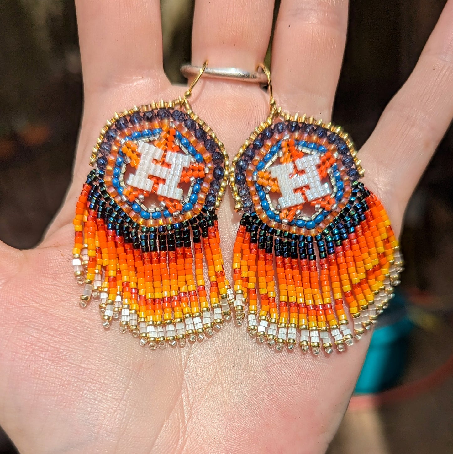 Houston Star, large brass and gold hexagon fringe earrings