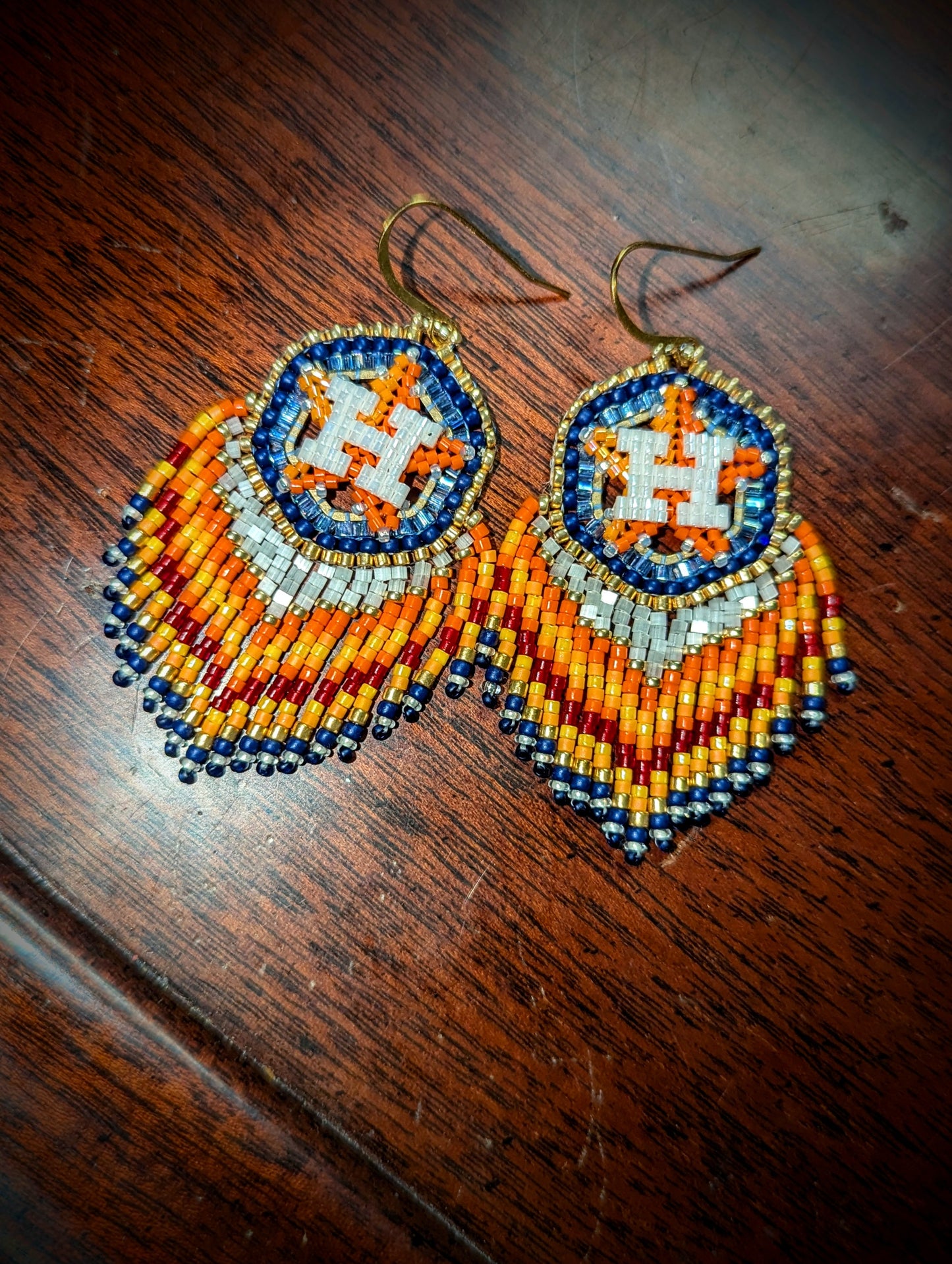 Houston Star, brass and gold hexagon fringe earrings