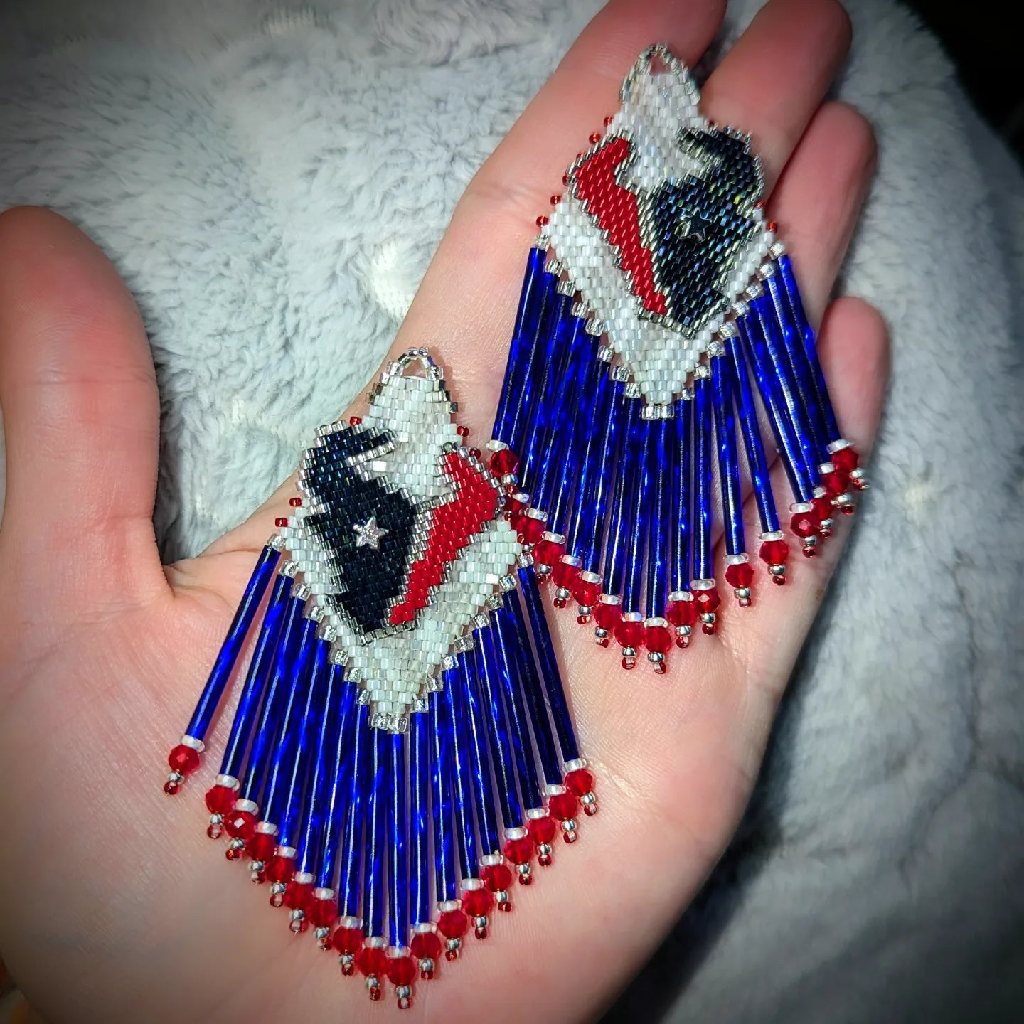 Texas long fringe earrings! Hand beaded backing and one of a kind on sterling silver hooks