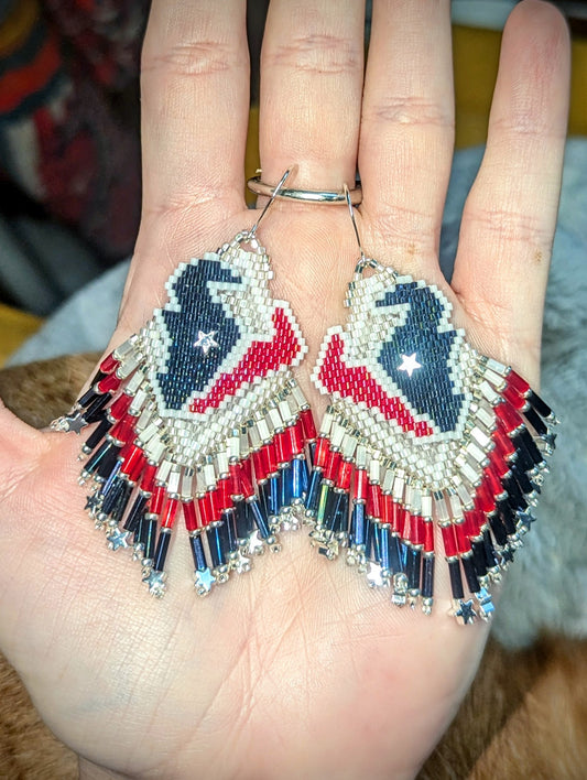 Texas fringe earrings! Hand beaded backing and one of a kind, on sterling silver hooks