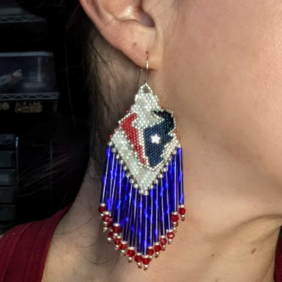 Texas long fringe earrings! Hand beaded backing and one of a kind on sterling silver hooks