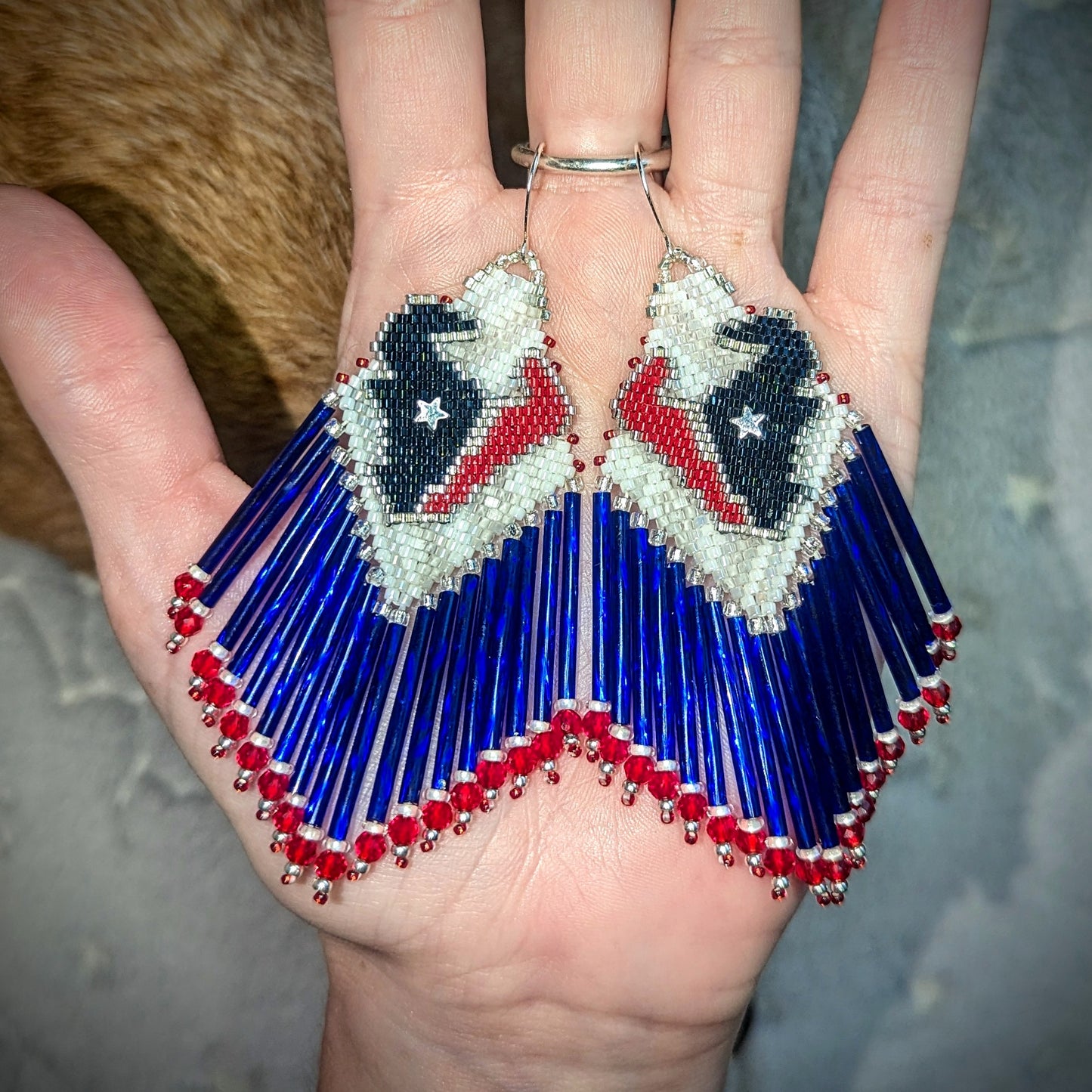 Texas long fringe earrings! Hand beaded backing and one of a kind on sterling silver hooks