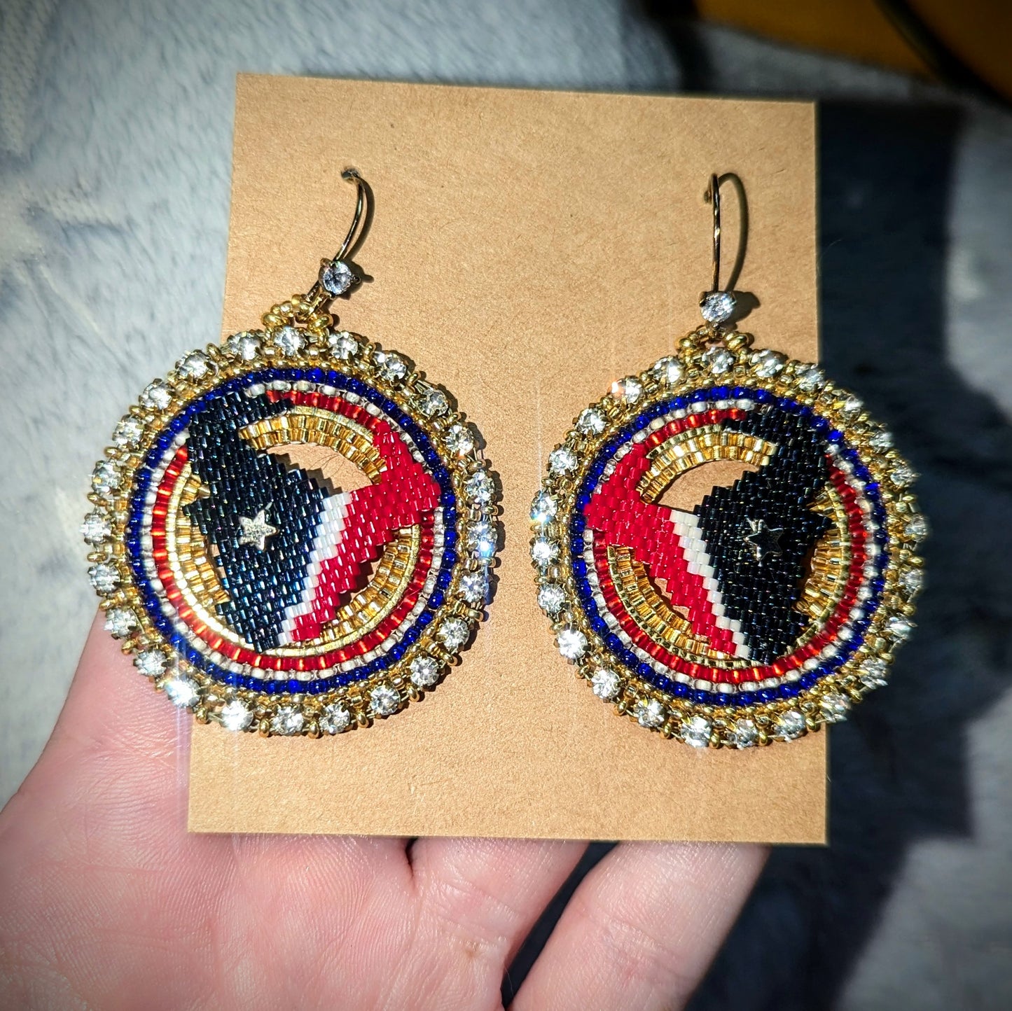 Texas round bling, all hand beaded and one of a kind, on gold plated sterling silver hooks with crystal