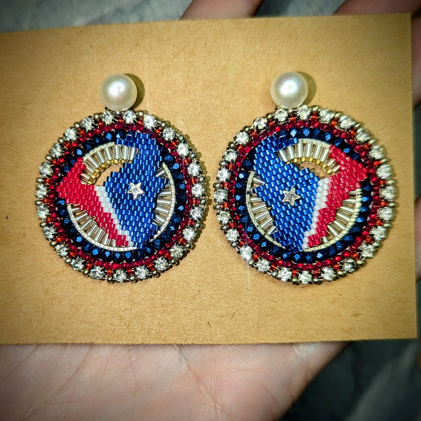 Texas round bling, all hand beaded and one of a kind, on sterling silver freshwater pearl studs