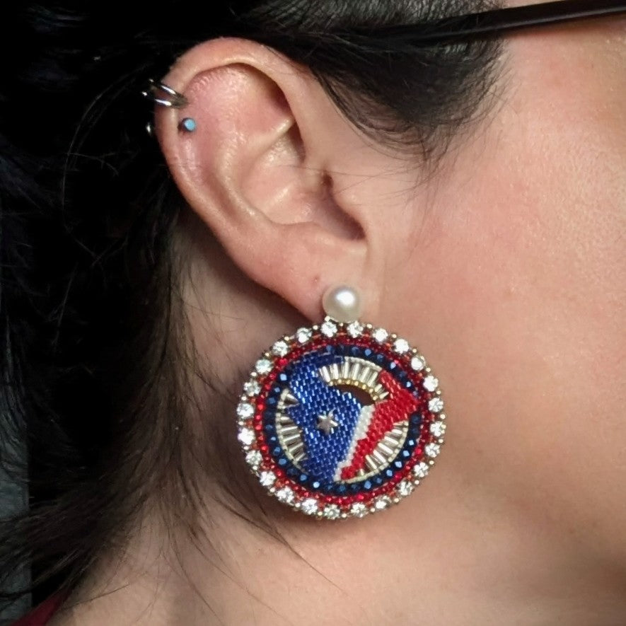 Texas round bling, all hand beaded and one of a kind, on sterling silver freshwater pearl studs