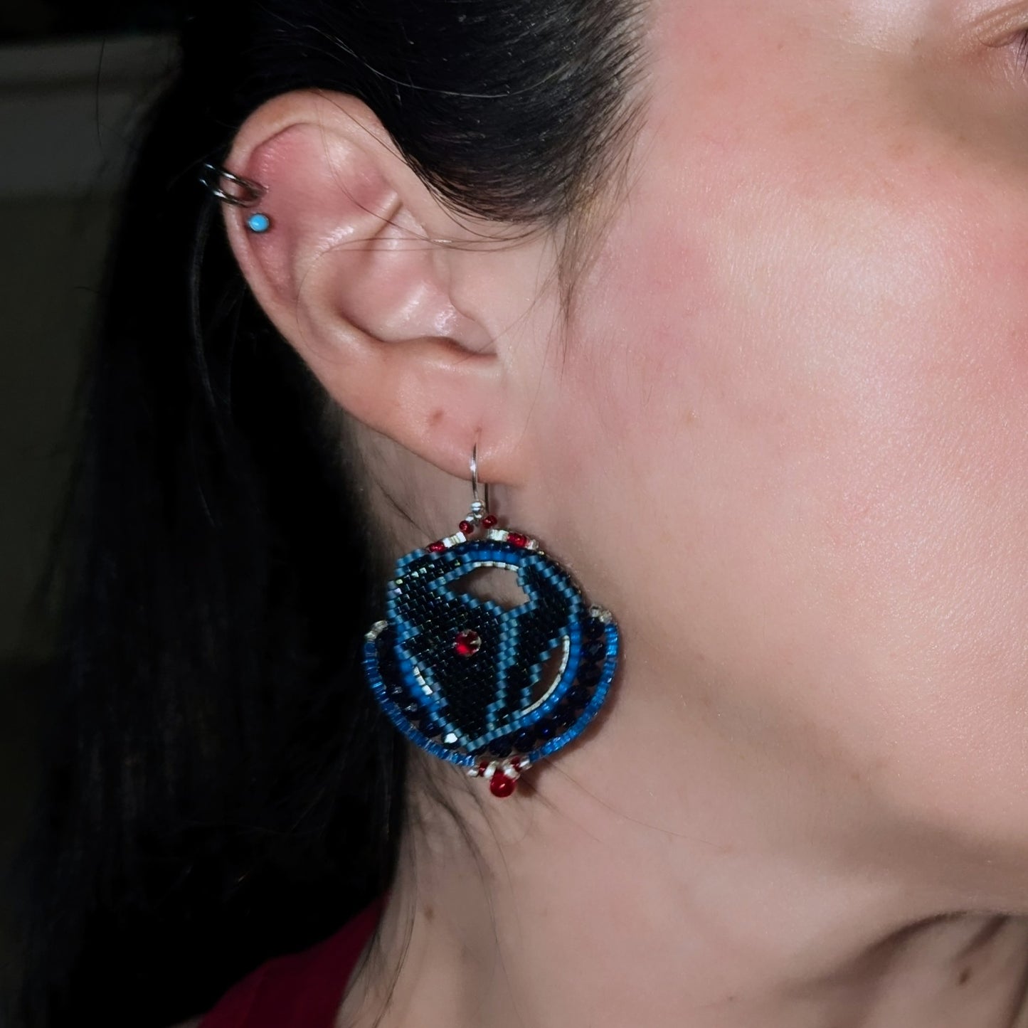 New color! Texas round earrings with blue goldstone beads on sterling silver hooks