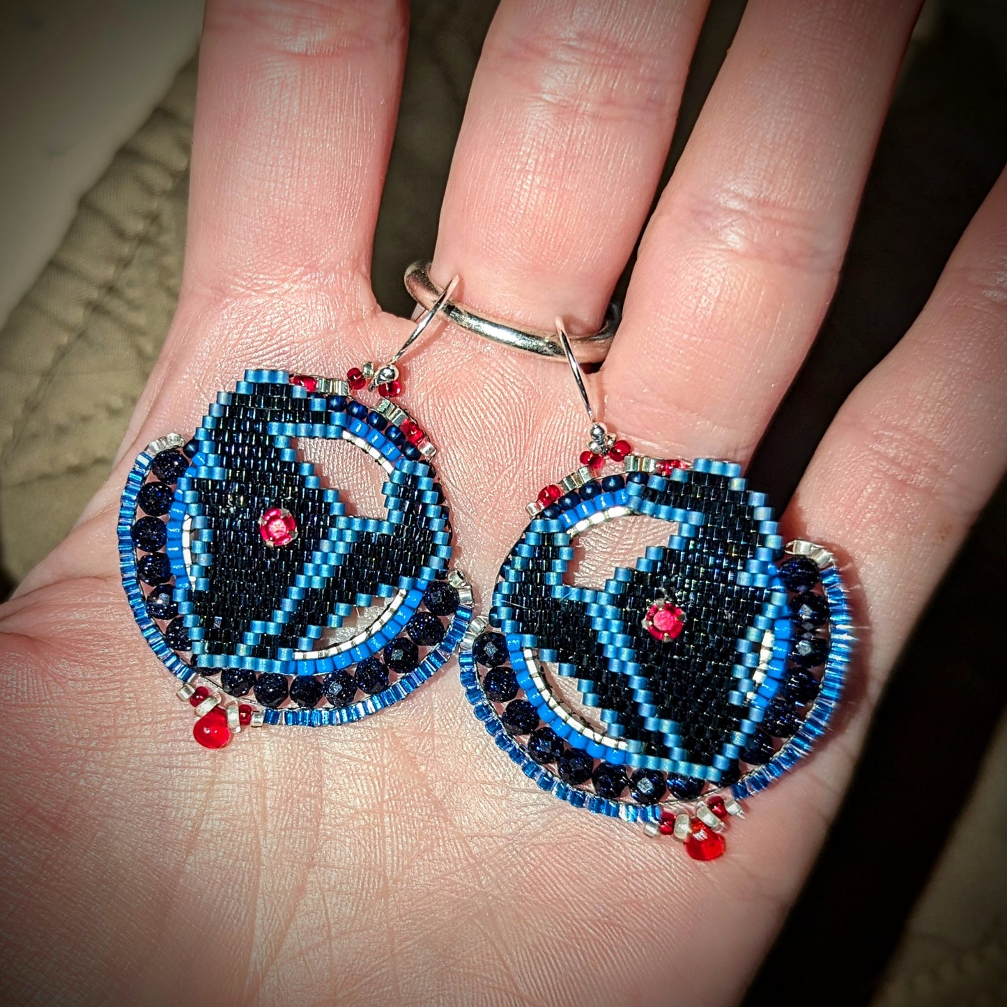 New color! Texas round earrings with blue goldstone beads on sterling silver hooks