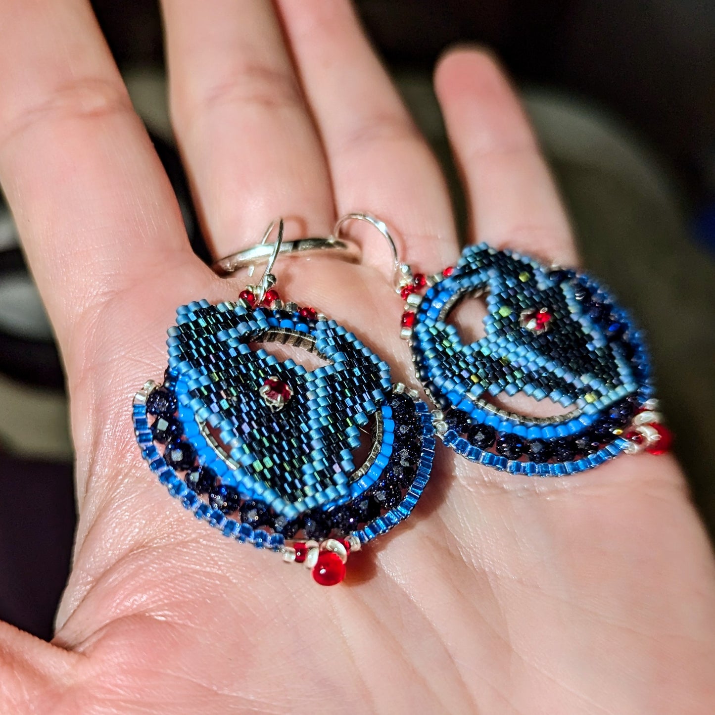 New color! Texas round earrings with blue goldstone beads on sterling silver hooks