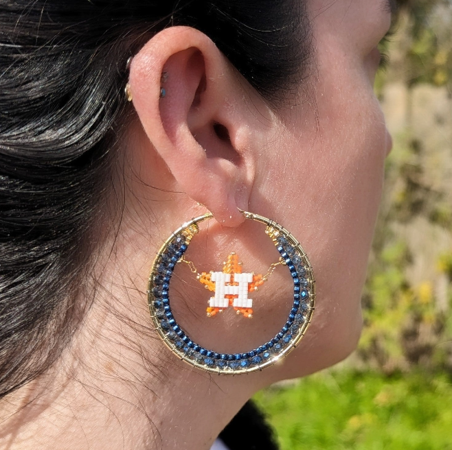 Large (50mm) Houston Swinging Star Gold Hoops - Dark Blue