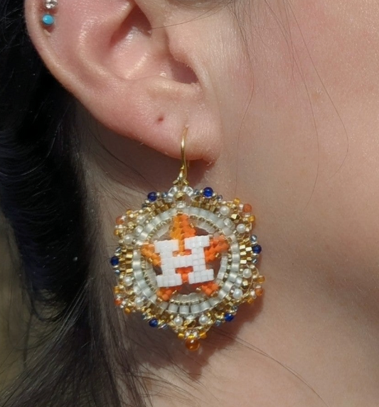 Round Houston Star Earrings - All Gold & White With Tiny Blue and Orange Accents