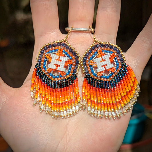 Houston Star, large brass and gold hexagon fringe earrings