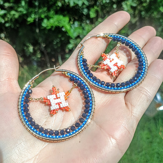 Large (50mm) Houston Swinging Star Gold Hoops - Light & Dark Blue