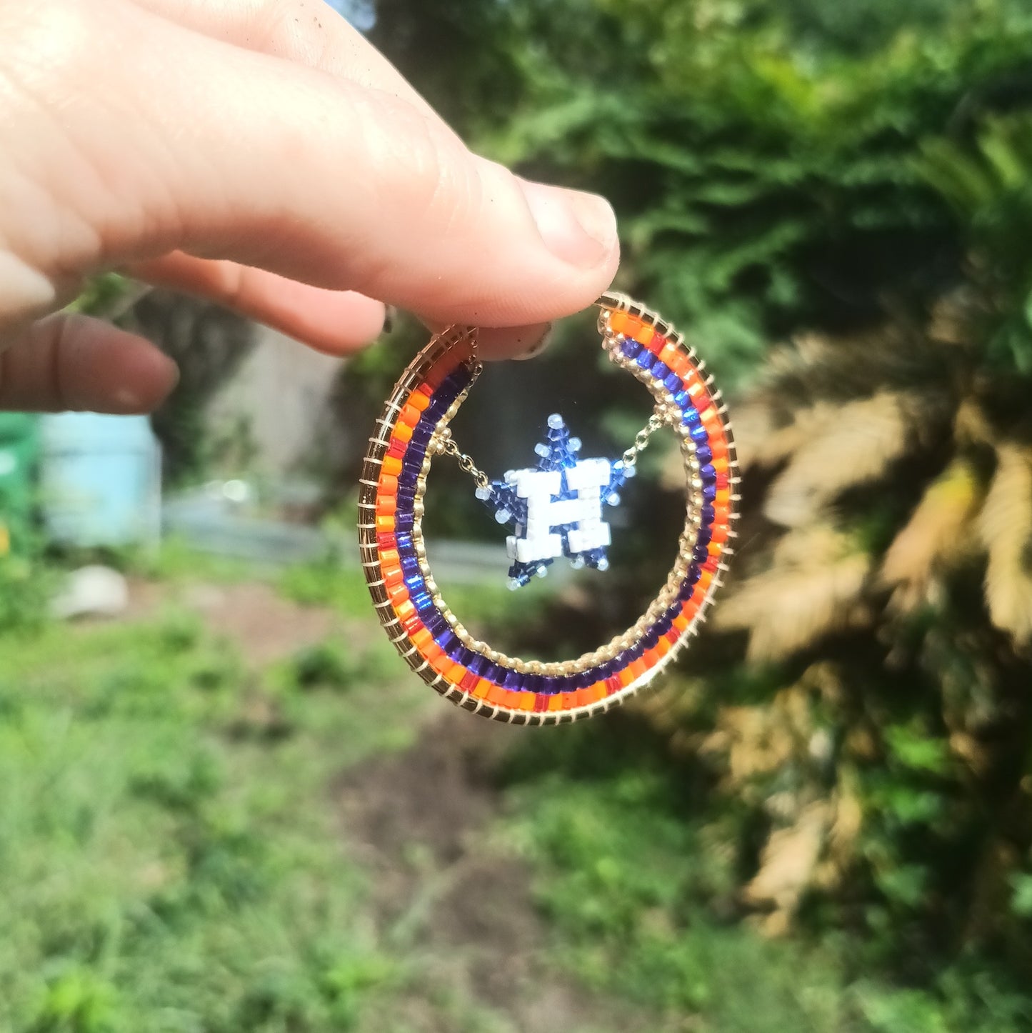 Large (50mm) Houston Swinging Star Gold Hoops - Dark Blue Star with vintage color pattern