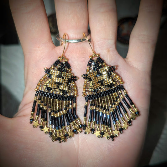 Black and Gold Houston Star fringe, gold plated sterling silver hooks