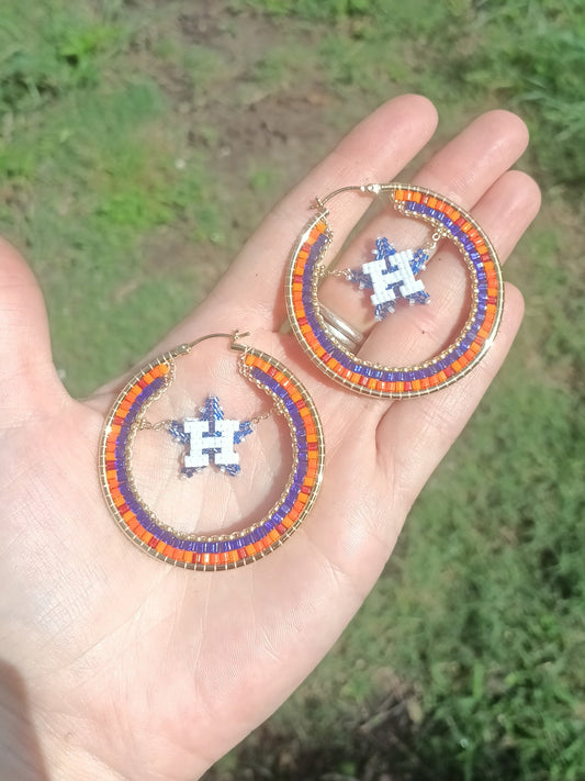 Large (50mm) Houston Swinging Star Gold Hoops - Dark Blue Star with vintage color pattern