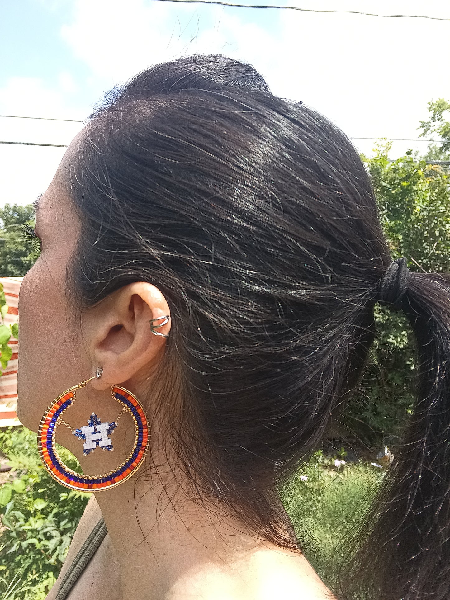 Large (50mm) Houston Swinging Star Gold Hoops - Dark Blue Star with vintage color pattern