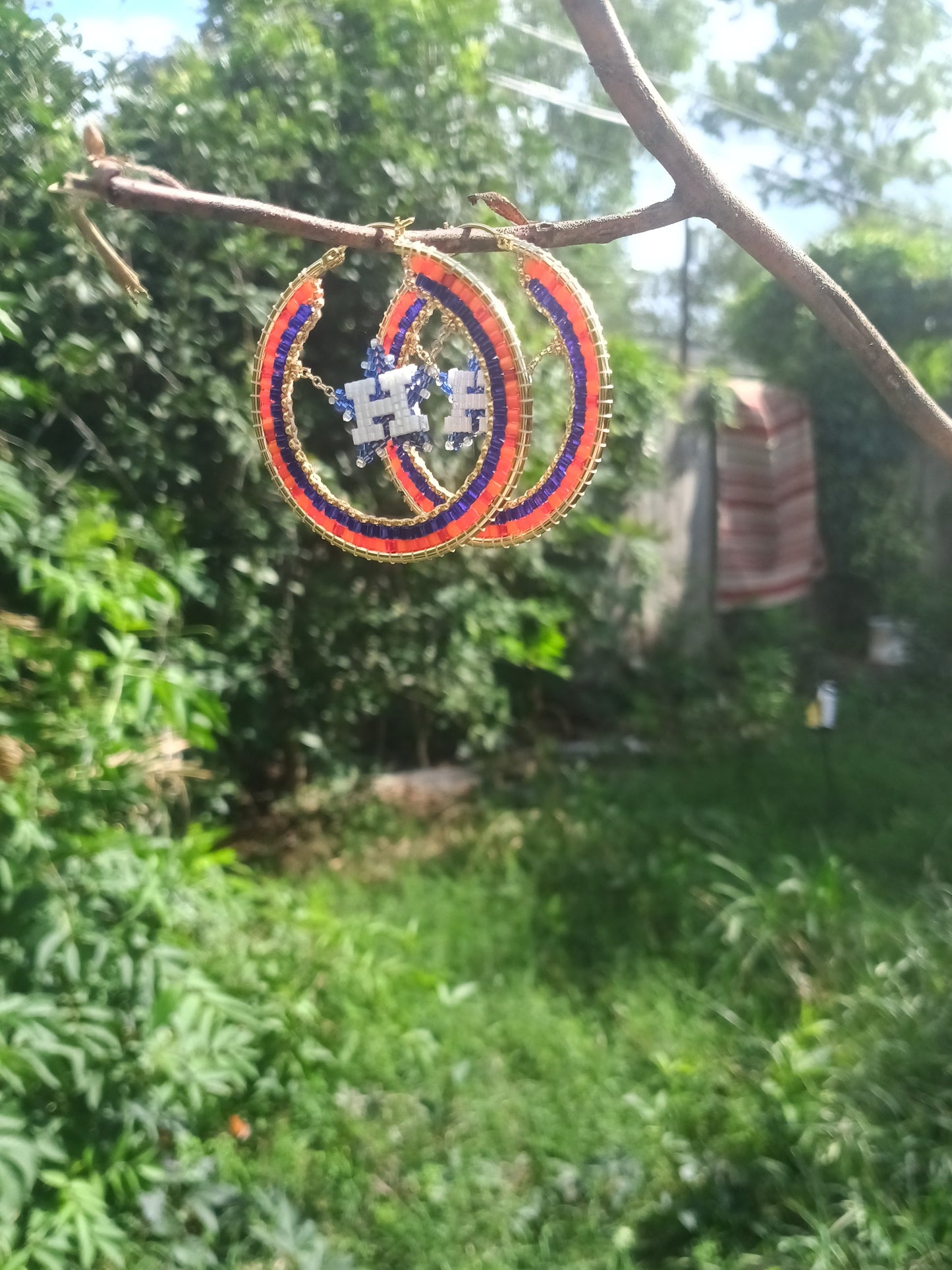 Large (50mm) Houston Swinging Star Gold Hoops - Dark Blue Star with vintage color pattern