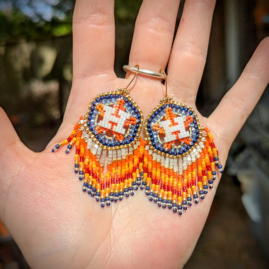 Houston Star, brass and gold hexagon fringe earrings