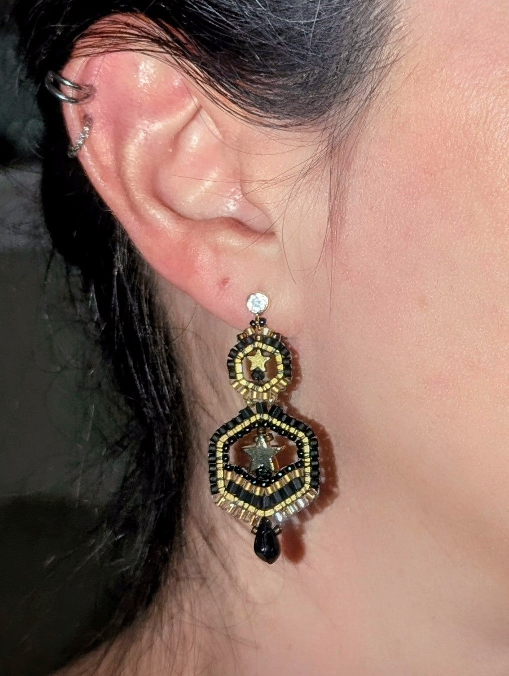 Teny tiny black and gold drops, on gold plated sterling silver cz studs