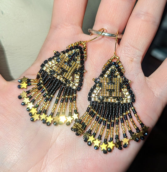 Black and Gold Houston Star fringe, gold plated sterling silver hooks