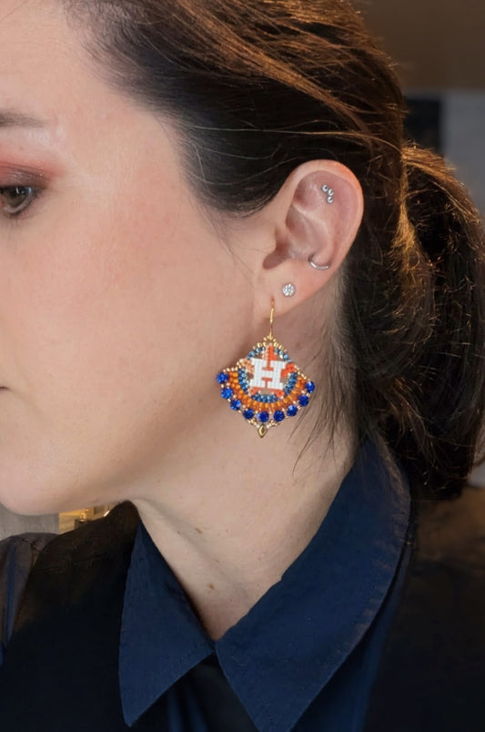 Round gold dangle with beautiful bright blue crystal montees, on gold plated sterling silver hooks.