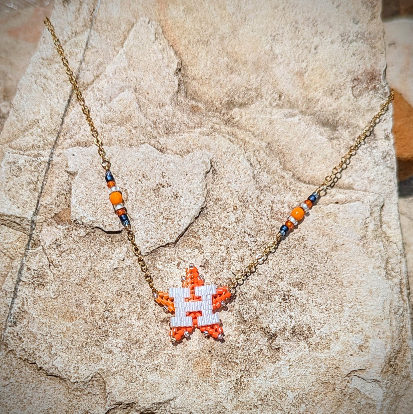 Houston Star choker with beaded bar accents, 14kt gold filled cable chain. 15-17 inches adjustable